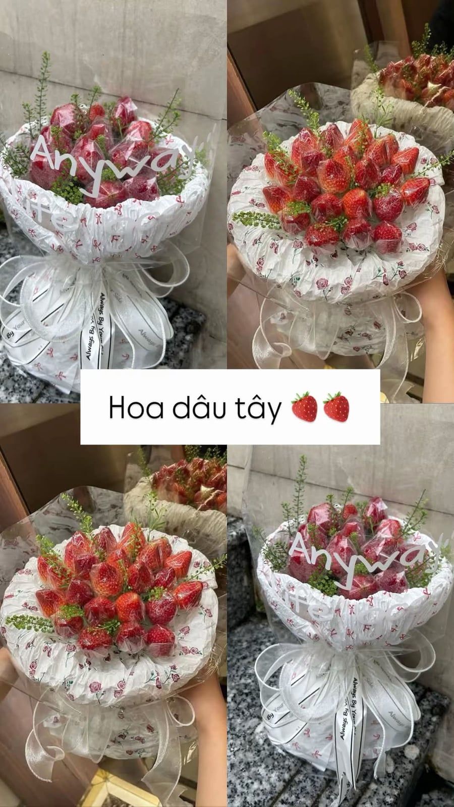 Bó hoa dâu tây giấy trắng nơ ruy băng